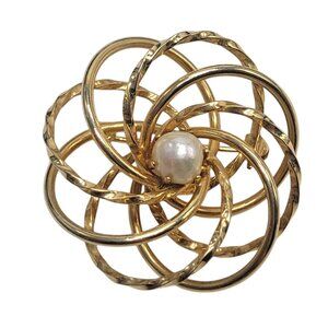 Vintage Gold-Tone Spiral Brooch With Faux Pearl Centerpiece Flower